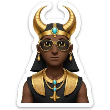 3D cartoon horned character portrait, wearing sunglasses, gothic ancient Egyptian style, pharaoh collar, dark gold and black outfit, ankh symbols, Egyptian jewelry, mysterious expression, soft dramatic lighting, centered, clean background, no text, no watermark sticker