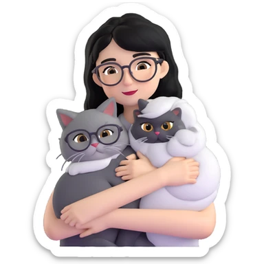 Skinny woman with oval glasses, shoulder length straight black hair, wearing white sleeveless top, hugging a grey Persian-Angora cat, plain background sticker