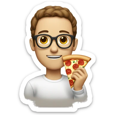 White nerd with brown hair eating pizza sticker