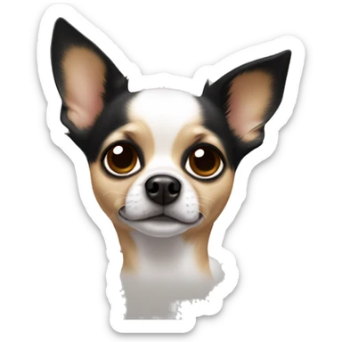 Chihuahua with a white body, black ears, brown splotches next to his eyes but a white part down the middle of its head to its nose  sticker