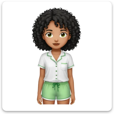 Menina morena do cabelo encaracolados pretos e um pijama de blusa branca e short molinho verde sticker