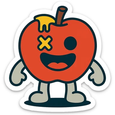 plush apple character with light grey arms and legs, left eye is an X, yellow ichor dripping from stem, big smiling mouth, no leaf sticker