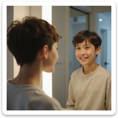 girl with short hair looking at herself in the mirror after a major haircut, expression mixed with pride and insecurity, modern bathroom, hyperrealistic 4K details sticker