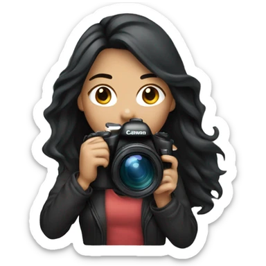 women photographer with long black hair and light skin holding a camera canon sticker