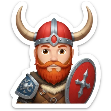 Norwegian Viking with red beard and helmet with horns. Holds a round shield with Norwegian pattern sticker