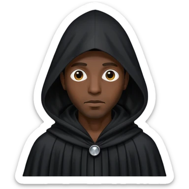 Black man wearing long black robe with tall, pointed hood. Entire face fully covered by black cloth, no facial features visible, only two small eye holes cut into the fabric. sticker