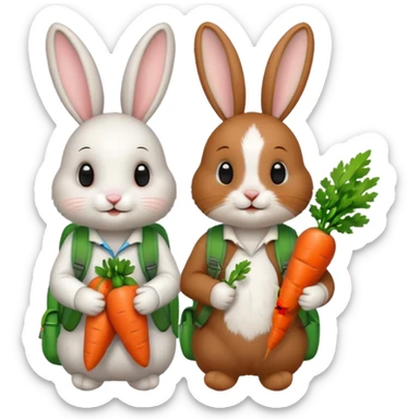  Two bunny brown & white, bunny with a green backpack, holding a carrot sticker