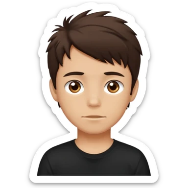 a light tan boy with messy dark brown hair. Wearing a black tshirt sticker