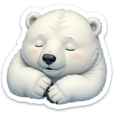 Meme-Worthy cute Sleeping Polar Bear Portrait Emoji, Head resting peacefully with a contented smile, showcasing a luxuriously soft snowy coat and eyes closed in serene slumber, Simplified yet hilariously adorable features, highly detailed, glowing with a soft, drowsy polar light, high shine, relaxed and utterly lovable, stylized with an air of playful laziness, bright and heartwarming, soft glowing outline, capturing the essence of a sleeping polar guardian that feels destined to become the next viral sensation of adorable rest! sticker