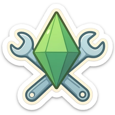 plumbob and wrench crossed like an emblem, chibi stickers style, cartoonish sticker