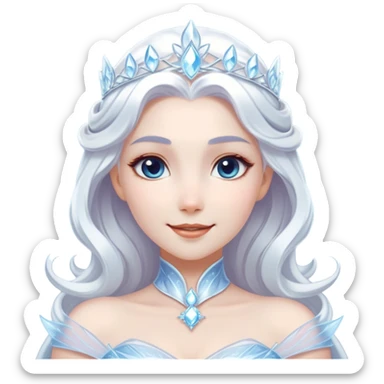 Cinematic Radiant Snow Queen Portrait Emoji, rendered in a realistic, vector style with clean proportions. Show Elsa with a gentle, confident smile, icy pale skin, and luxuriously styled platinum hair, her expression calm and regal. The image glows with a soft, enchanting icy luminescence, high shine, and is accented by a soft glowing outline that enhances her ethereal beauty. sticker