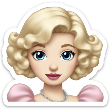 girl with blonde hair pale skin blue eyes. Pink lips blush Smokey eye (but not too much). Make her face. Vintage blowout not too curly but still.  princess dress, puffed sleeves and the choker necklace (think Versailles but not too much). sticker