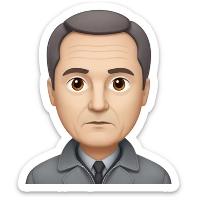 Actor in his 60s with light skin, round face, broad cheekbones. Expressive dark brown eyes, slightly arched thick eyebrows. Short brown hair combed to the side with visible receding hairline. Serious expression. Wearing a professional gray jacket. sticker