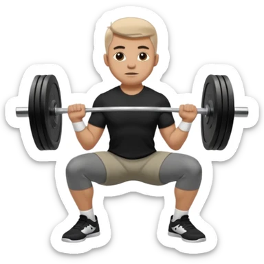 Hombre vestido con playera negra, pants gris y tenis blancos tipo jordan haciendo sentadilla libre con barra con un disco de 20 kilos por lado  sticker