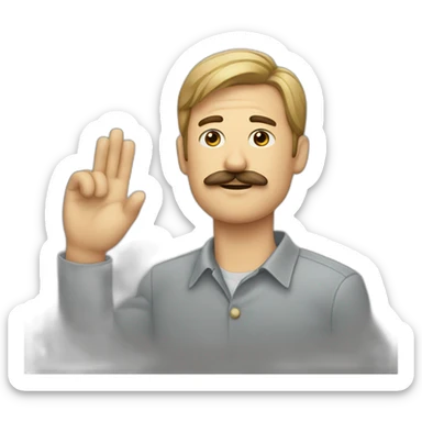 Man with mustache, right hand saluting with tip of hand touching tip of mustache sticker