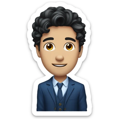 26 year old male portrait, small yes, black wavy hair, blue suits, sticker