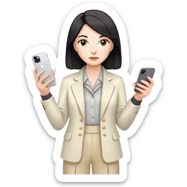 pale skin woman with dark Straightened bob Hair, White Spacious classical jacket, beige palazzo Arrow pants and gray blouse holding white IPhone 14 pro in the hands sticker