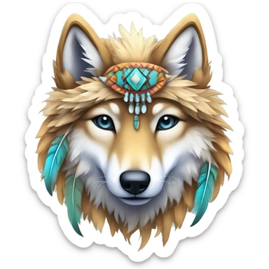 Fluffy Shy Colorful Spiritual Shamanic Wolf With Shiny Tribal Markings wearing feathers Full Body sticker