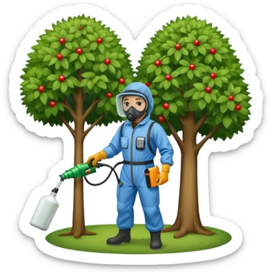 A gardener in protective suit and mask spraying a tree with a sprayer, performing chemical pest control. Bright green garden with trees, visible spray droplets, atmosphere of professional plant protection and garden care sticker