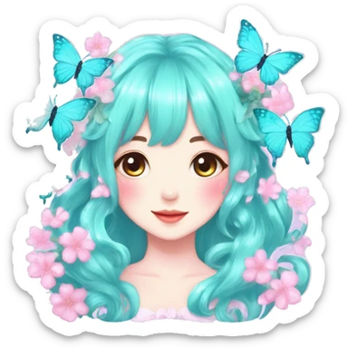 Gorgeous Shiny Pastel cyan Anime-Style Lady Butterflies flower petals leaves cottagecore fairycore pastelcore kawaii aesthetic trending style sticker