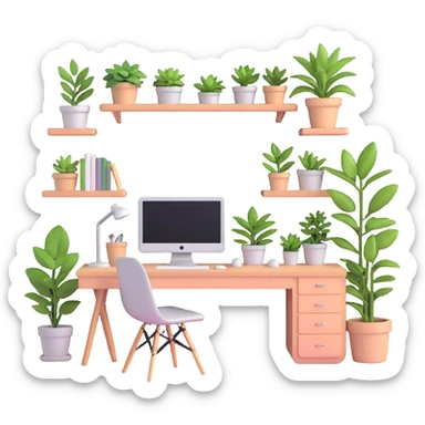 beautiful minimalist girl aesthetic bedroom with soft colors, organized desk, plants, and clean lines sticker