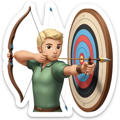 An archer drawing a bow and aiming an arrow at a target, with perfect focus and precision. The target is visible in the background, featuring concentric rings. The scene captures the concentration and skill involved in archery, emphasizing the elegance and accuracy of the sport. sticker