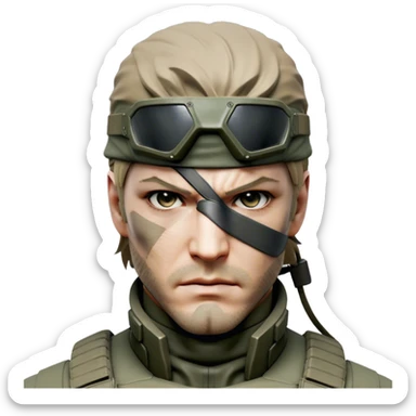 Cinematic Realistic Metal Gear Solid Snake Soldier Portrait, head tilted epicly and inquisitively, showcasing a commanding presence and tactical acumen. His weathered face, intense eyes, and meticulously rendered combat gear in muted earth tones are brought to life with lifelike clarity and dramatic lighting, high shine, epic and awe-inspiring, embodying the covert prowess of a true warrior of the shadows. sticker
