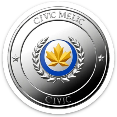 A silver coin type medallion with the words 'Civic Medallion' on it sticker