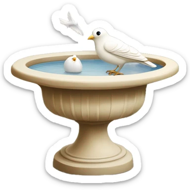 Vintage beige bird bath with a small white bird in courtyard  sticker