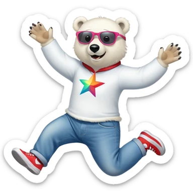 friendly anthropomorphised polar bear leaping with excitement, wearing a shirt, jeans, trainers, oversized colorful star glasses sticker