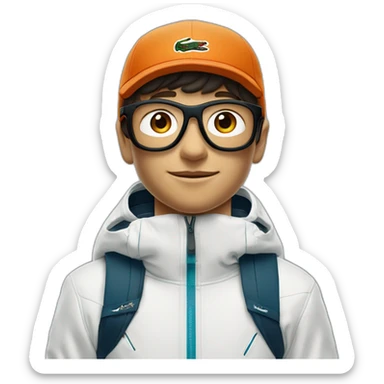 Un garçon blanc qui porte das lunettes de ski, il a les cheveux noirs, un survetement de lacoste et une casquette nike sticker