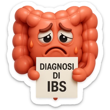 emoji stile iphone 3d di un intestino triste con espressione dolorante e un foglio in mano con la scritta "DIAGNOSI DI IBS", ESPRESSIONE TRISTE E DOLORANTE IN VOLTO, MOSTRA ANCHE LA PARTE BIANCA DEGLI OCCHI, NON SOLO LA PUPILLA sticker