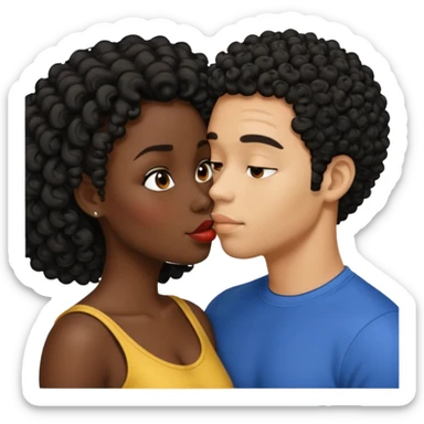 A dark skin woman with a light skin man who has black short curly hair kissing  sticker