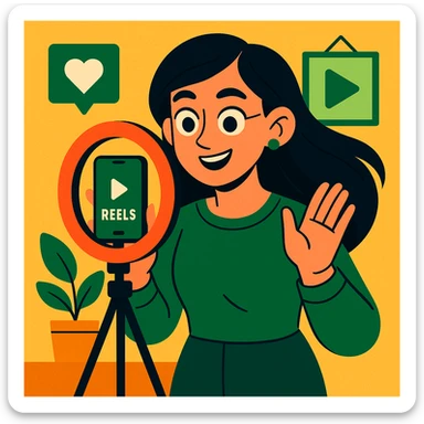 passionate content creator with long black hair, green clothing, making a reel on her phone, friendly and smart expression, clean modern illustration style sticker