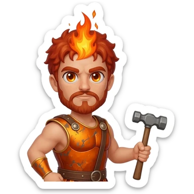 Vulcan from Roman Mythology with amber eyes, red hair, burnt orange metallic tunic sticker