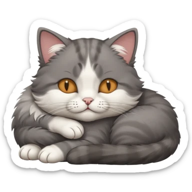 dark grey and white small cat with his eyes closed leaning his head on his paw while lying down sticker