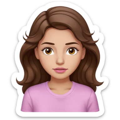 girl with wavy long brown hair, brown eyes, light to medium complexion, long lashes, light pink lipstick, wearing light pink shirt, sweating on the forehead sticker