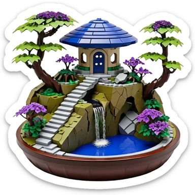 Alien saucer house jungle-vines Lego precarious narrow stairway fountain mountain-island getaway landscape antique mudman very old broken cracked intricate Stone Age lapis-crusted irregular dodecagon-shaped shallow dark moss rough bark violet serissa flowered maple tree bonsai pot sticker