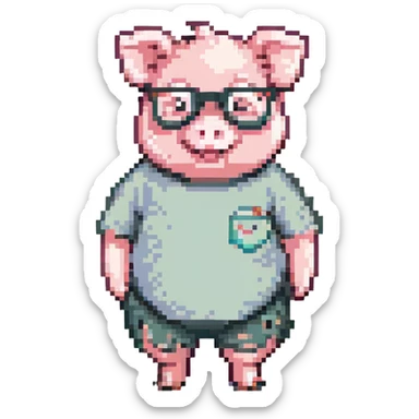 chubby baby pig with round glasses, pastel t-shirt and shorts, standing and smiling, pixel art, 32x32, cheerful and cute sticker