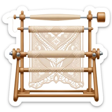 Lace making icon, lace patterns in progress, shuttle, thread, bobbins, intricate details, minimalistic style, clean lines, transparent background. sticker