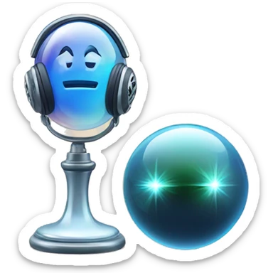 crystal ball with a microphone inside and a headphone outside sticker