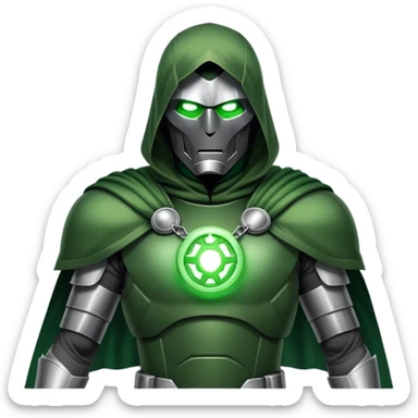 Doctor Doom in full body stance with intense glowing green eyes shining through mask sticker
