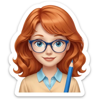 redheaded woman with very long wavy hair and bangs, blue eyes, clear cat-eye glasses, apricot silk blouse, pencil skirt, holding a pencil, smiling sticker