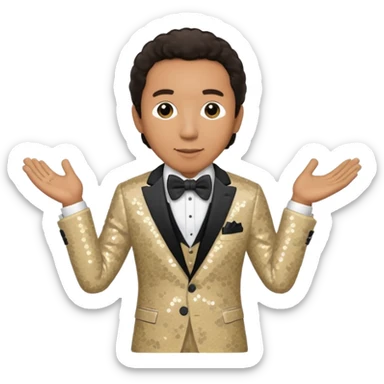 Smokey Robinson with dark brown hair, beige sequin suit with bow tie sticker
