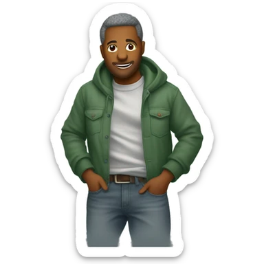 un personaggio animale con un grande muso, espressione rilassata e mani in tasca. Indossa un maglione grigio, jeans risvoltati e scarpe arancioni, con uno sfondo verde semplice. sticker