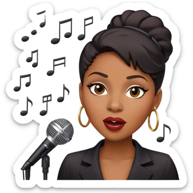 Black female jazz singer with a microphone, expressive face, musical notes sticker