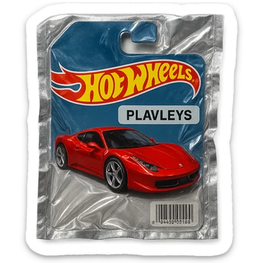 Hot Wheels packaging with a red Ferrari car labeled 'PLAVLEYS', glossy, no background sticker