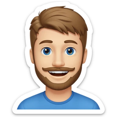 25 year old man, short scruffy beard and thin moustache, brown puffy mullet, blue eyes, big smile, white teeth, big lips, pronounced jaw, hair longer in back, sticking up on top, thin face sticker