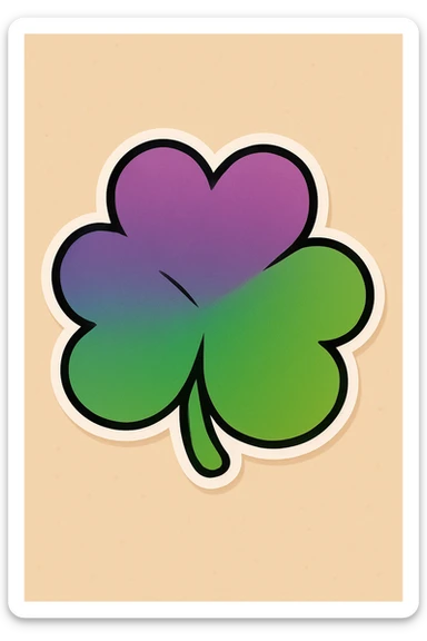 Remove the stem and make the four leaf clover more bubbly, keep the cartoon style and the top to bottom purple to green gradient. sticker