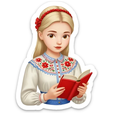 A Ukrainian girl in an embroidered shirt reads a red book sticker